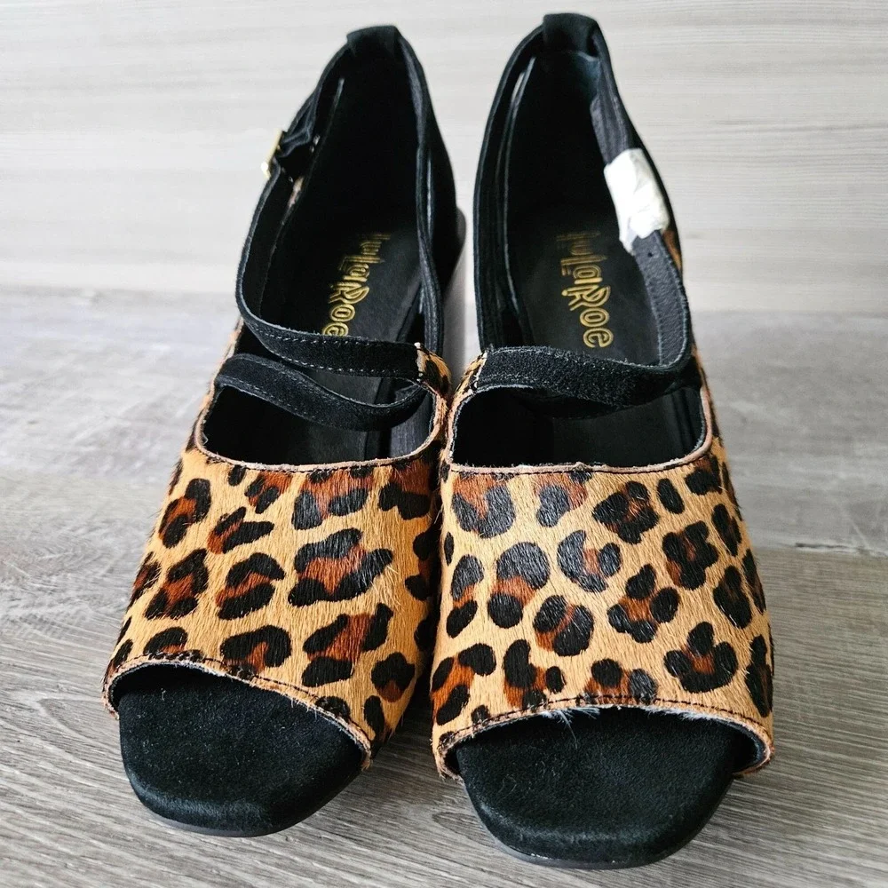 LuLaRoe Leopard Print Sandals Womens 7.5 Block Heel Open Toe Strappy Faux Suede